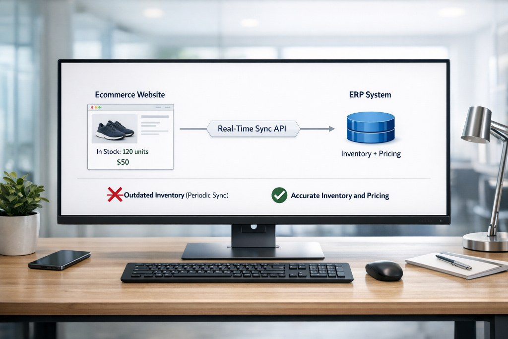 Real-time ERP integration ensures accurate inventory and pricing across systems.