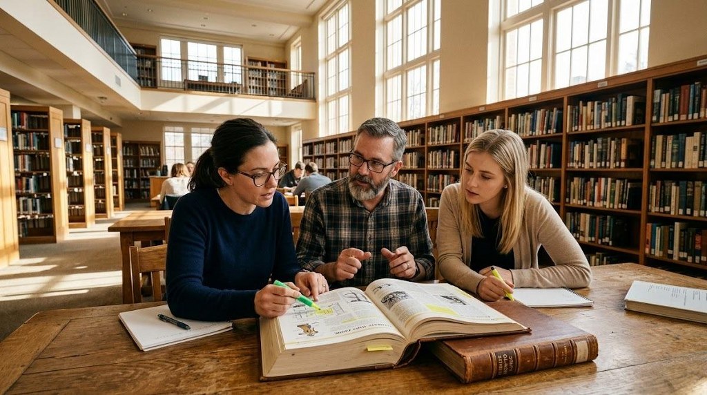 Researchers examining a timeless comprehensive guide in a warmly lit library.