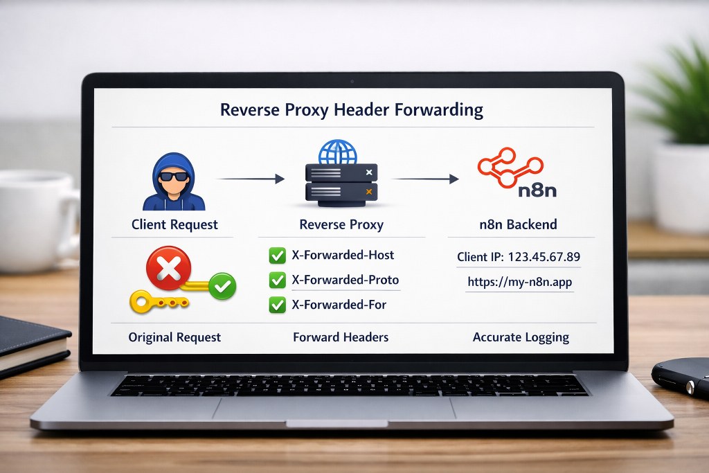 Reverse proxy forwards headers ensuring n8n logs accurate client IP information.