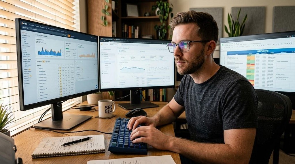 SEO expert analyzing keyword tools and content strategies on multiple screens.
