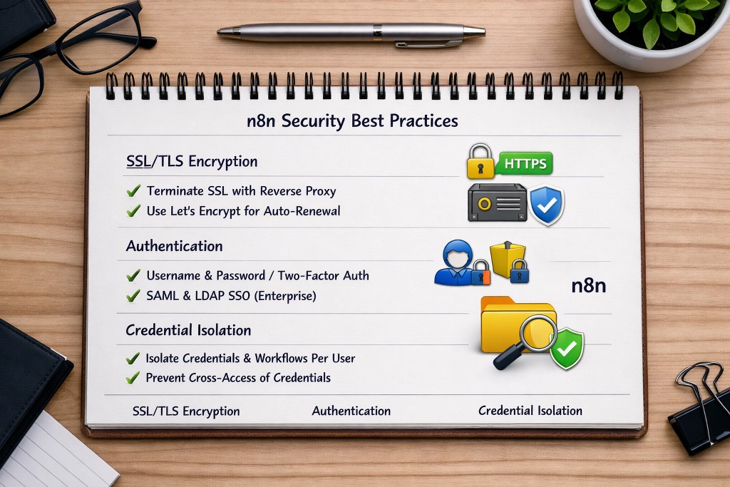 SSL, authentication, & isolation protect n8n systems by encryption, verification, & credential separation.