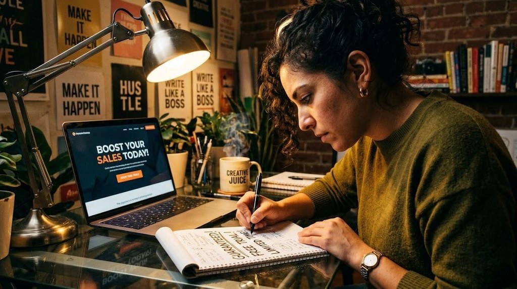 Sales copywriter crafting urgent persuasive headlines in a creative studio.