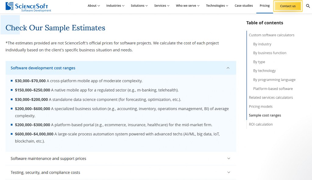 ScienceSoft's pricing estimate for a Software Development project.