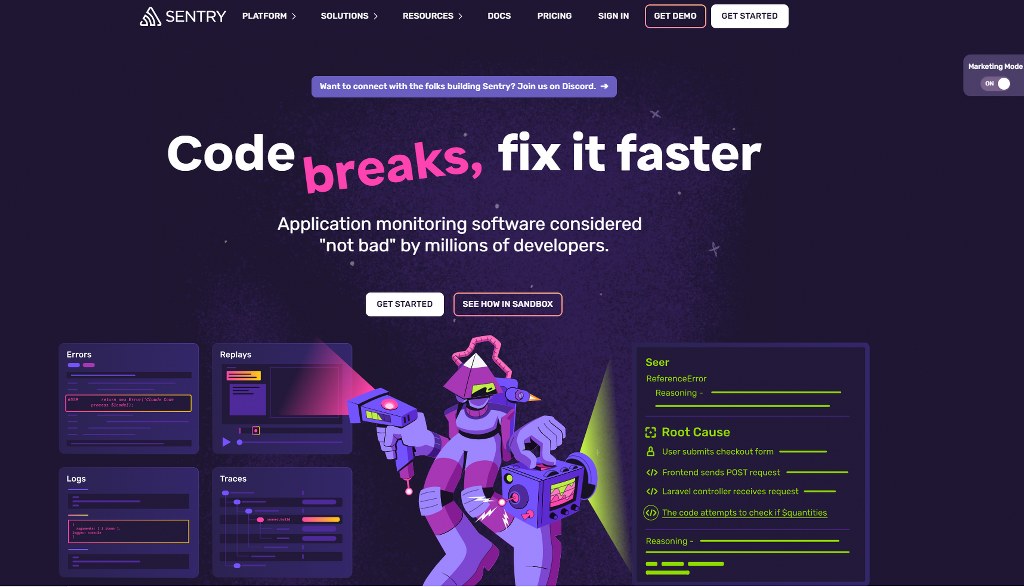 Sentry website homepage.