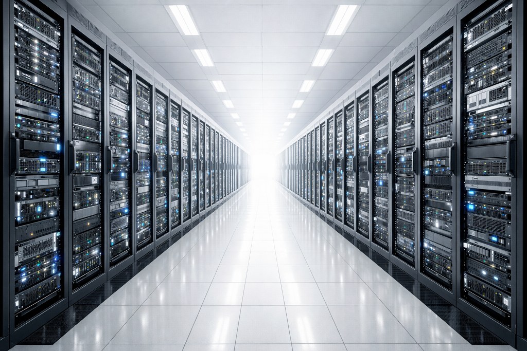 Server clusters in a server room.