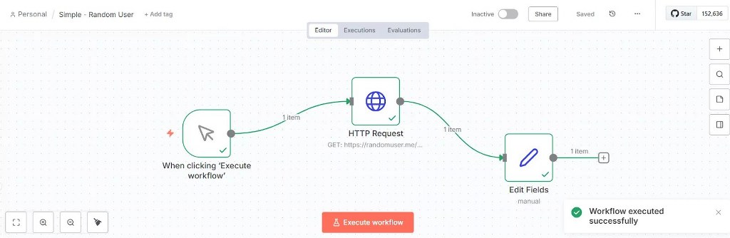 Simple n8n workflow with HTTP Request and Edit Fields nodes