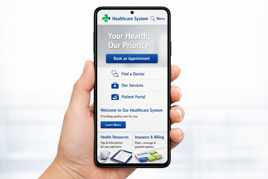 Smartphone displays healthcare system website with clear, bright, modern interface design.