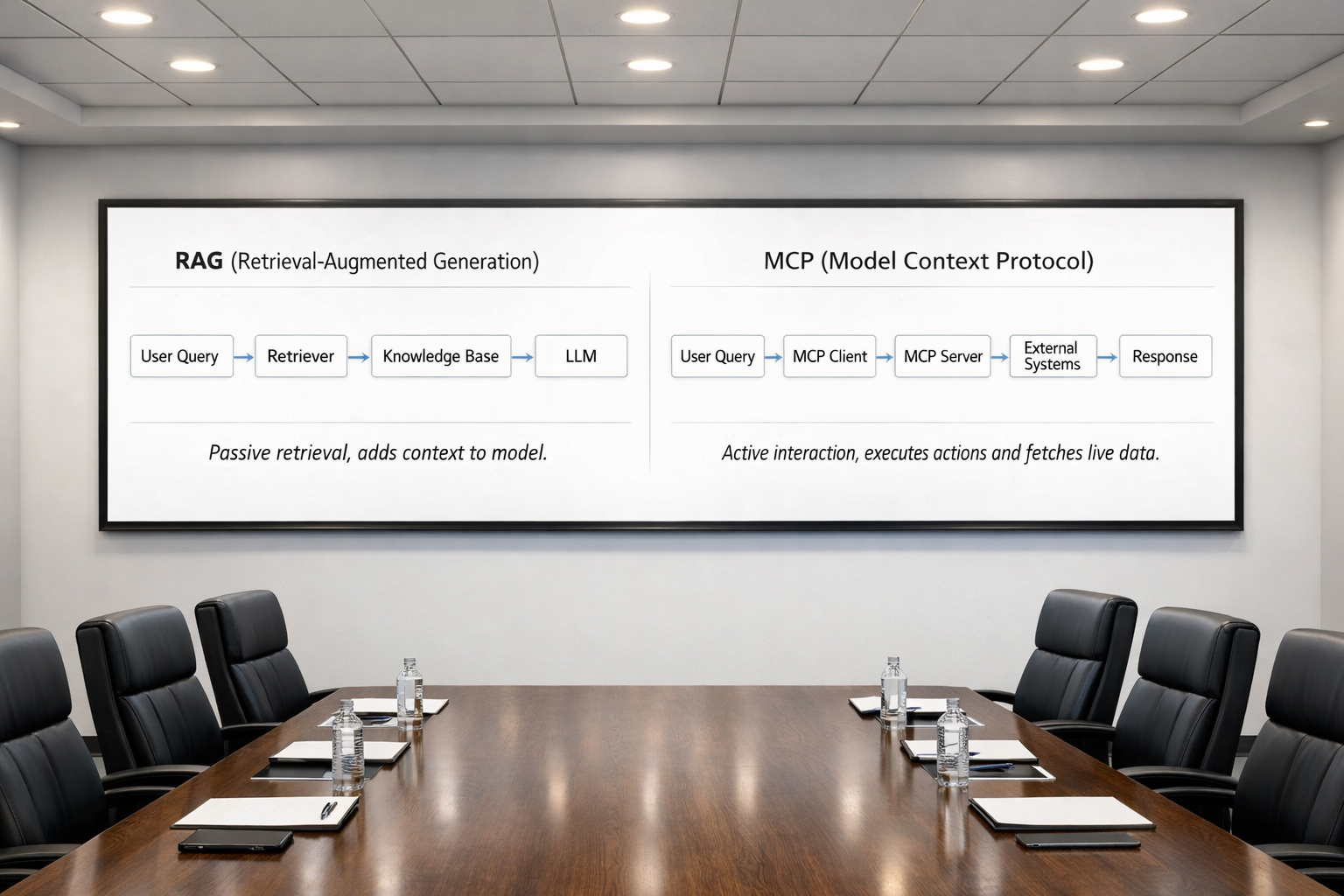 Split‑screen comparison of RAG and MCP architectures displayed on conference room screen.