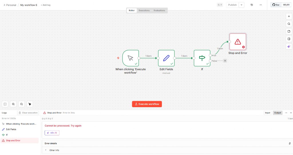 Stop and Error node in action in n8n.