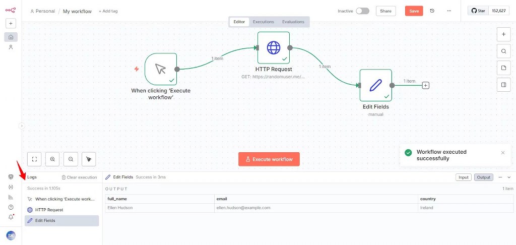 Successful n8n workflow execution with sample API data output