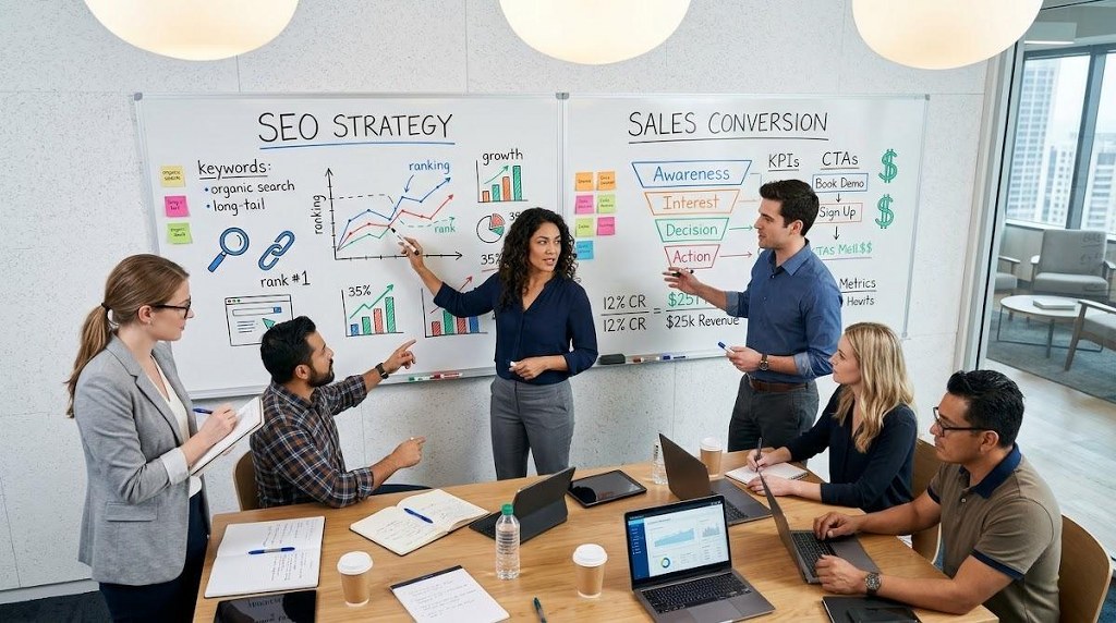 Team analyzing differences between SEO and sales content on a whiteboard.