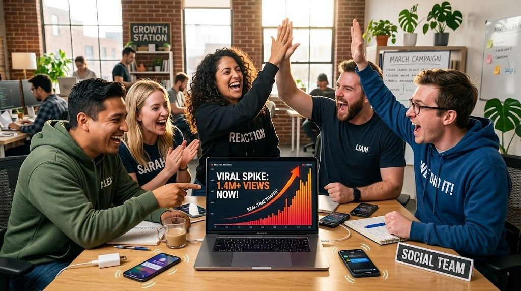 Team jubilantly reacting to a sharp traffic spike on analytics dashboard.
