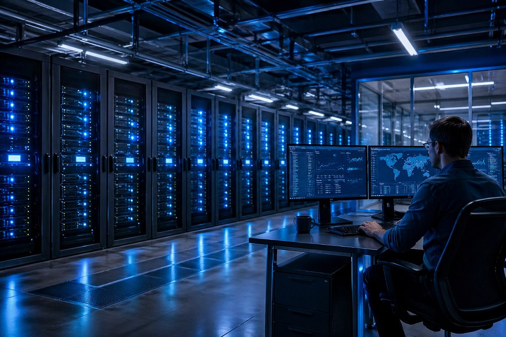 Tech monitoring in a server room.