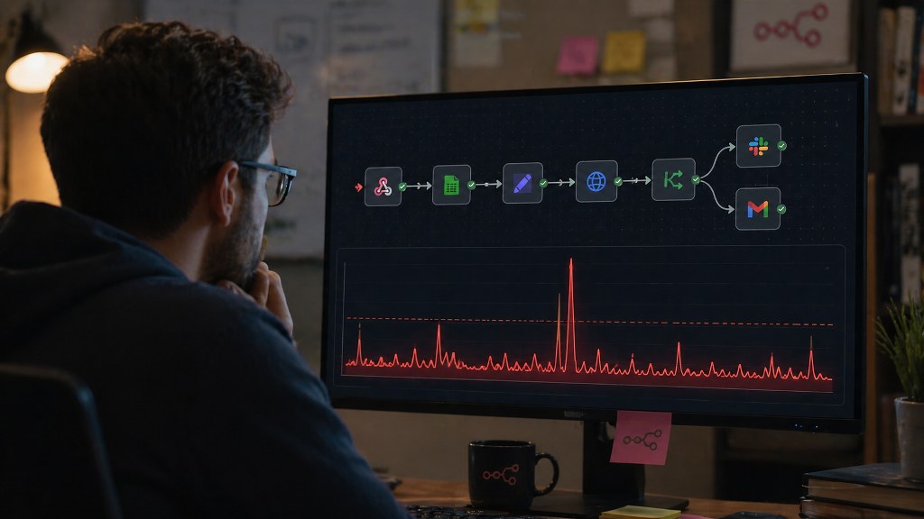 Tech workspace with automation flowchart.
