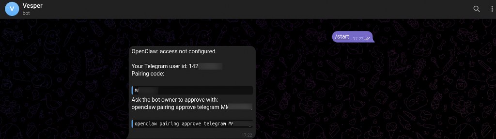 Telegram bot showing OpenClaw pairing approval request