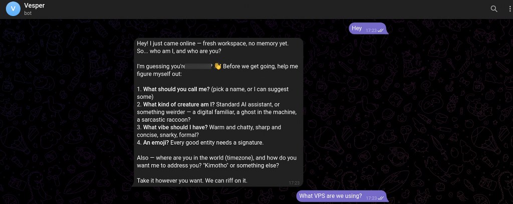 Telegram conversation with OpenClaw AI assistant