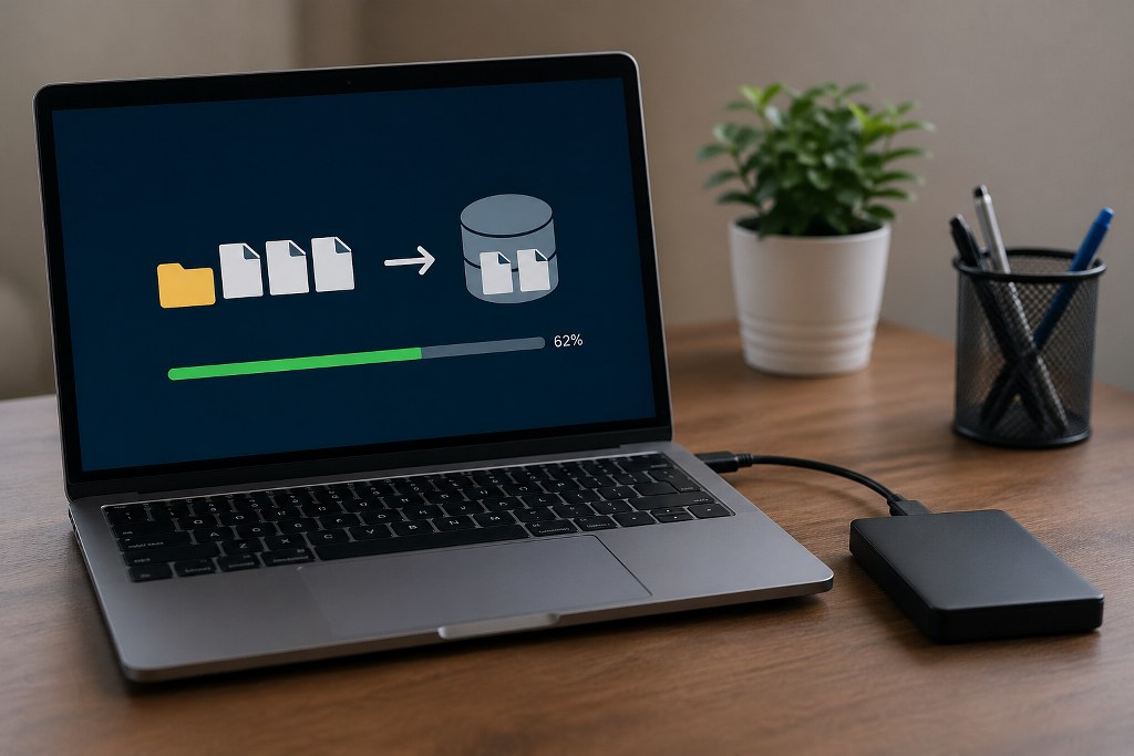 Tidy workspace with data backup in progress.