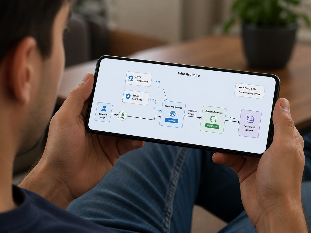 Viewing infrastructure Docker Compose diagram on smartphone.