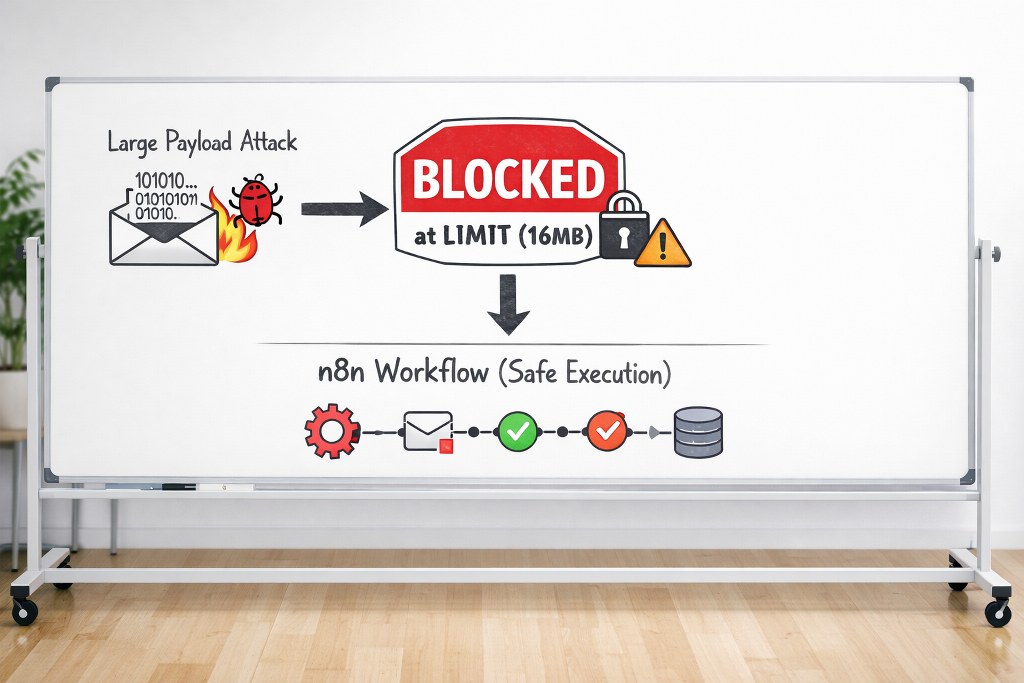 Whiteboard shows large payload attack blocked, safe n8n workflow execution.