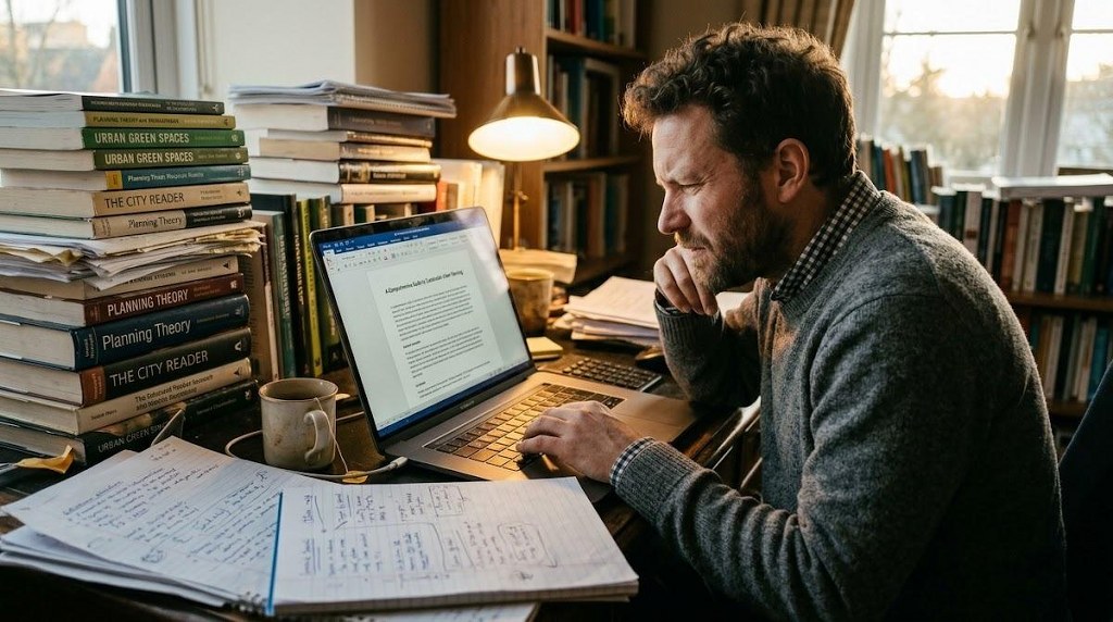 Writer deeply engaged in crafting an extensive evergreen content piece at a cluttered desk.