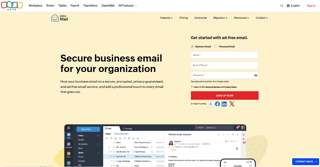 Zoho mail website.