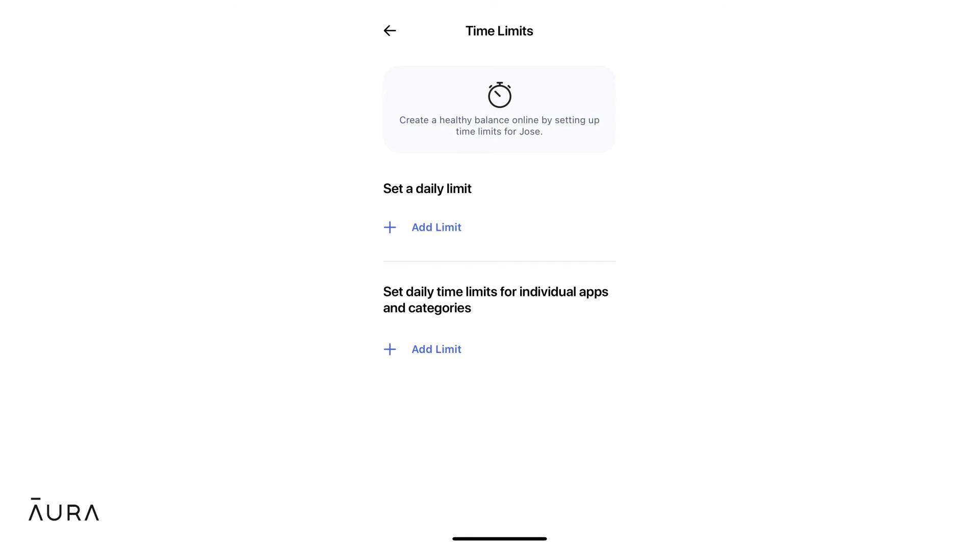 στιγμιότυπο οθόνης με τις ρυθμίσεις Time Limit του Aura parental controls
