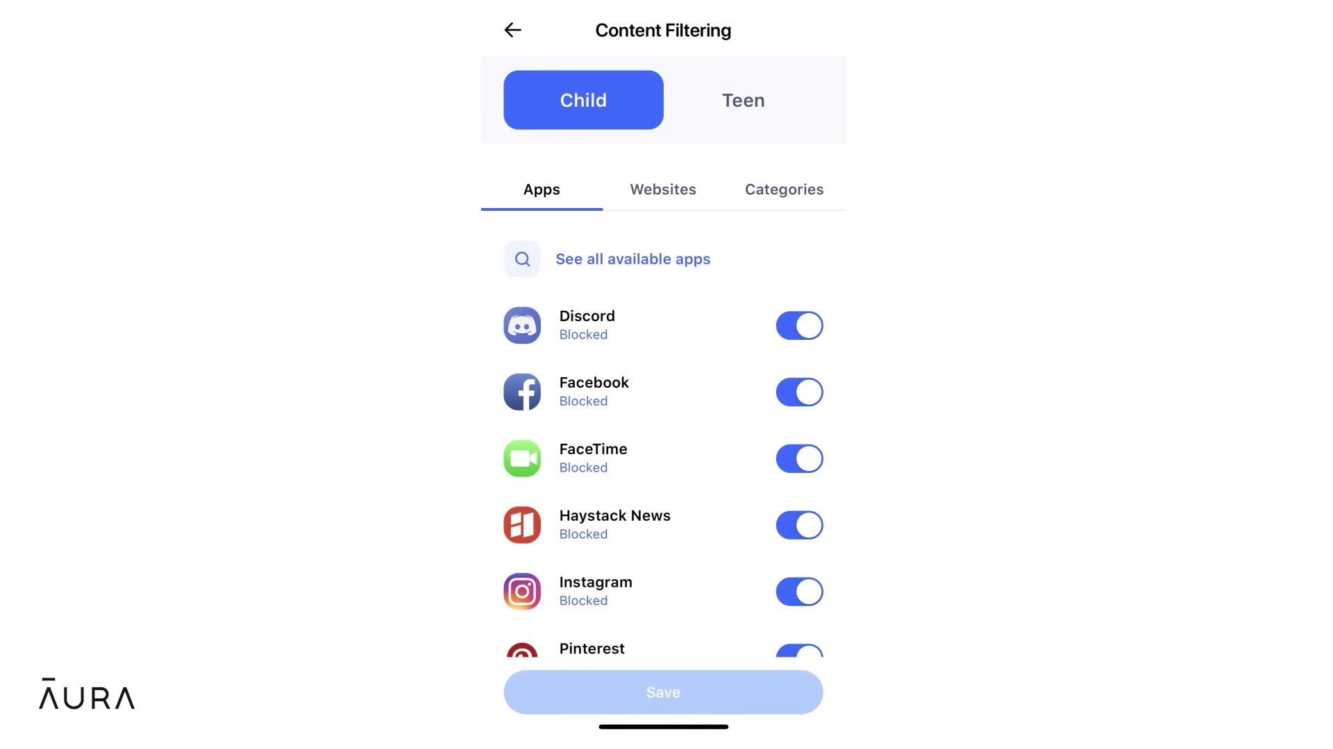στιγμιότυπο οθόνης του Content Filtering της Aura