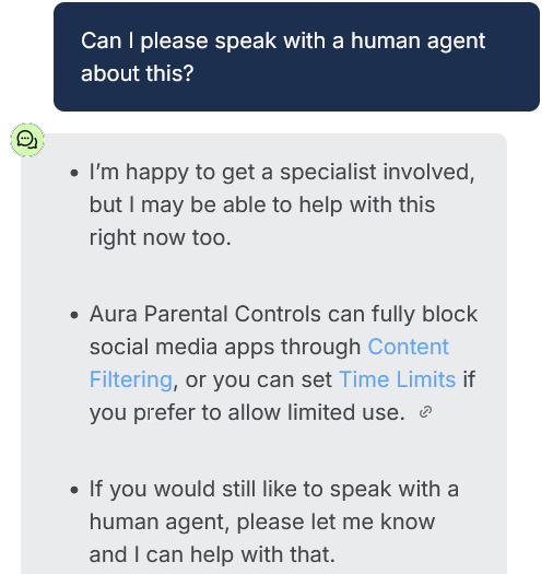 στιγμιότυπο οθόνης συνομιλίας live chat του Aura