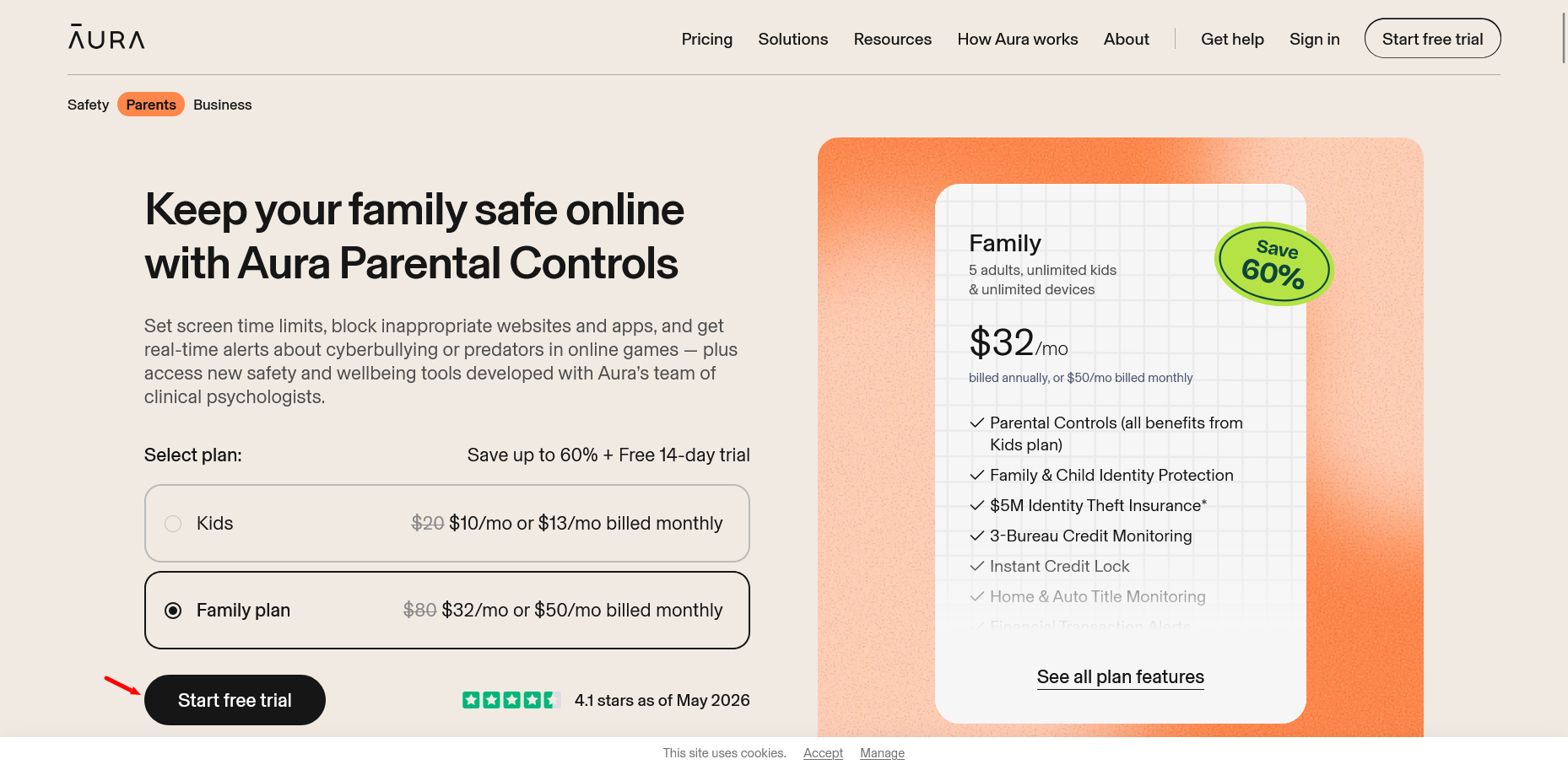 στιγμιότυπο οθόνης της σελίδας του Aura parental controls