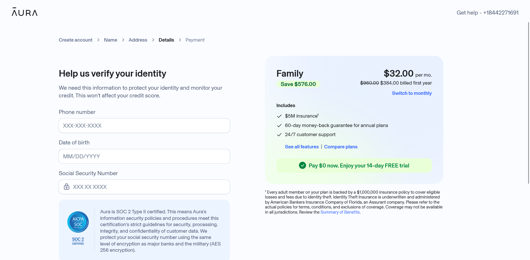 στιγμιότυπο οθόνης με τα στοιχεία του Aura parental controls