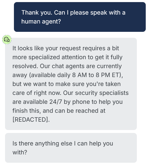 screenshot of AURA live chat conversation