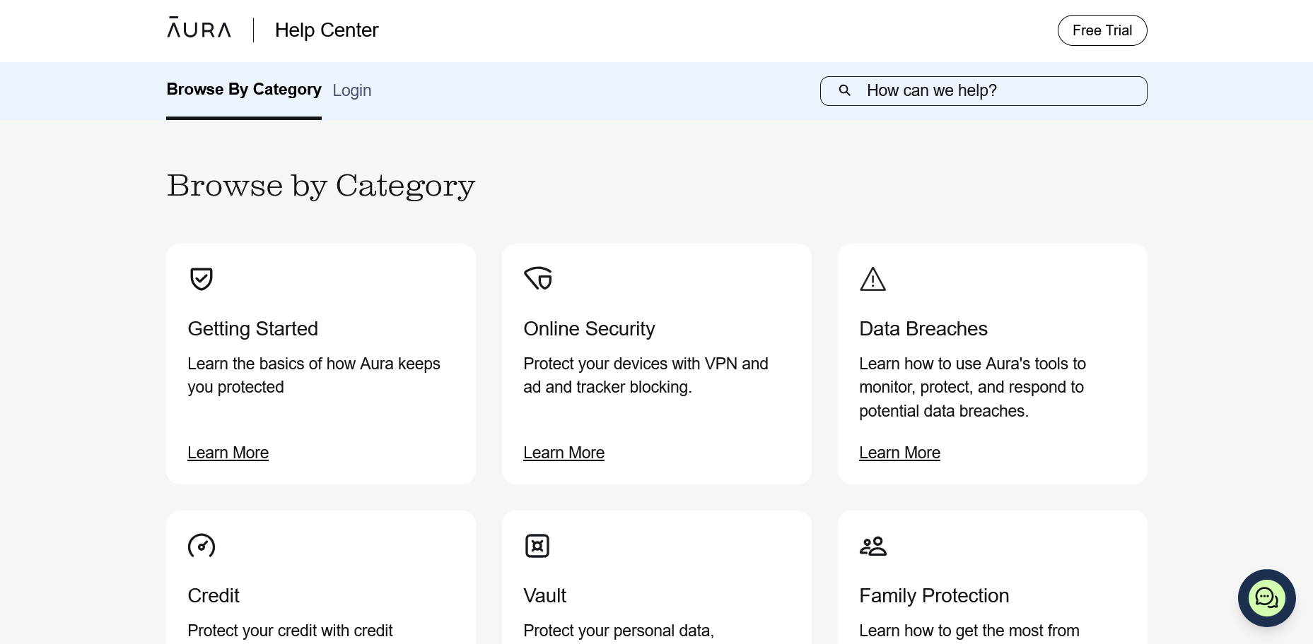 screenshot of AURA Help Center