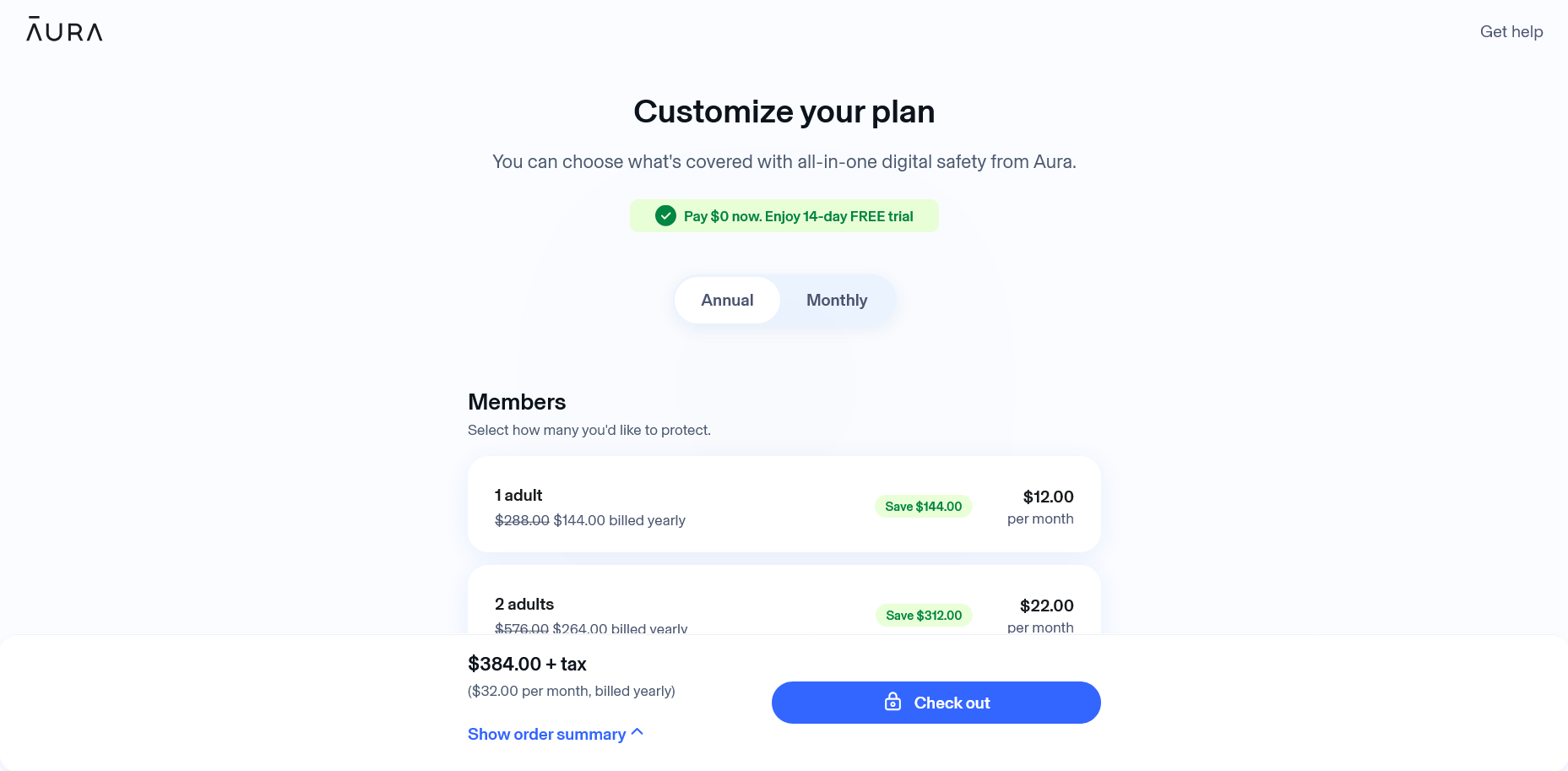 screenshot of AURA plan customizing