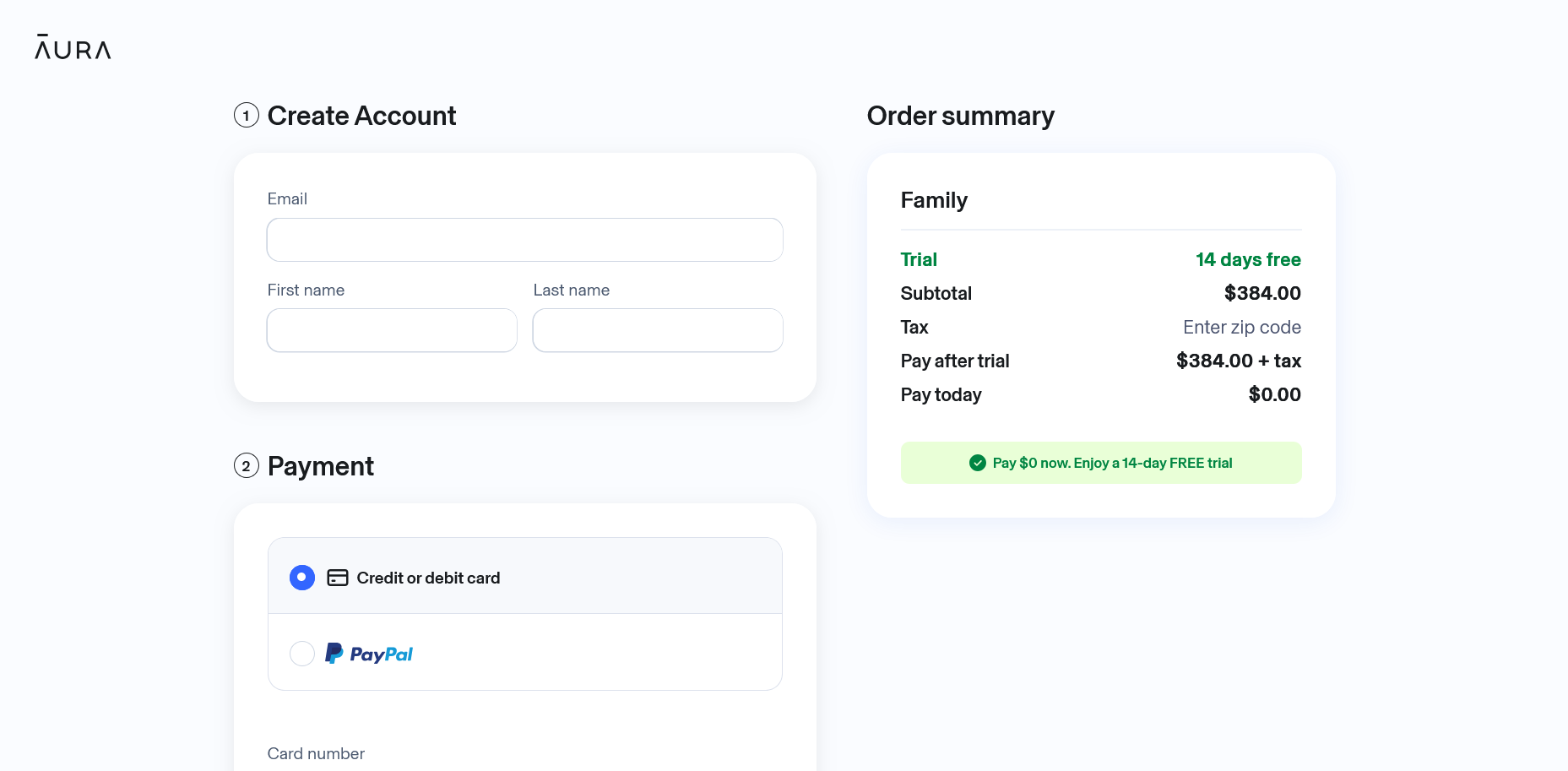 screenshot of AURA sign up form