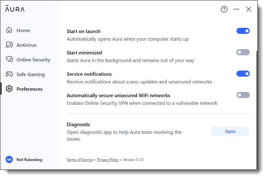 screenshot of AURA Preferences