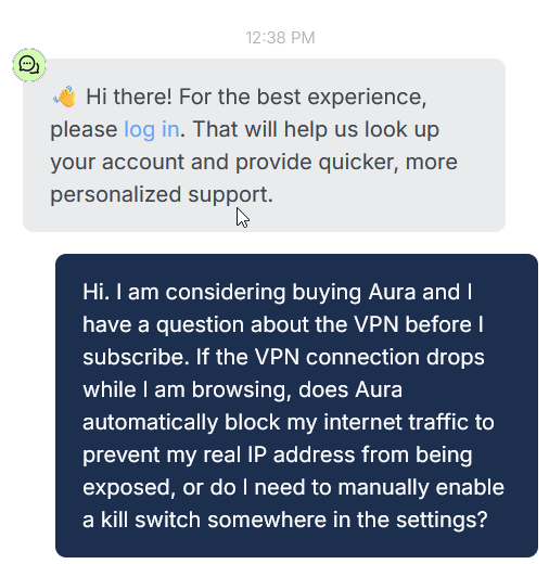 screenshot of AURA live chat conversation