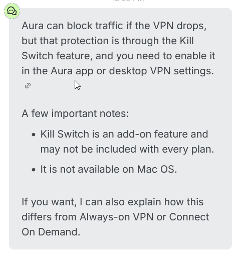 screenshot of AURA live chat conversation