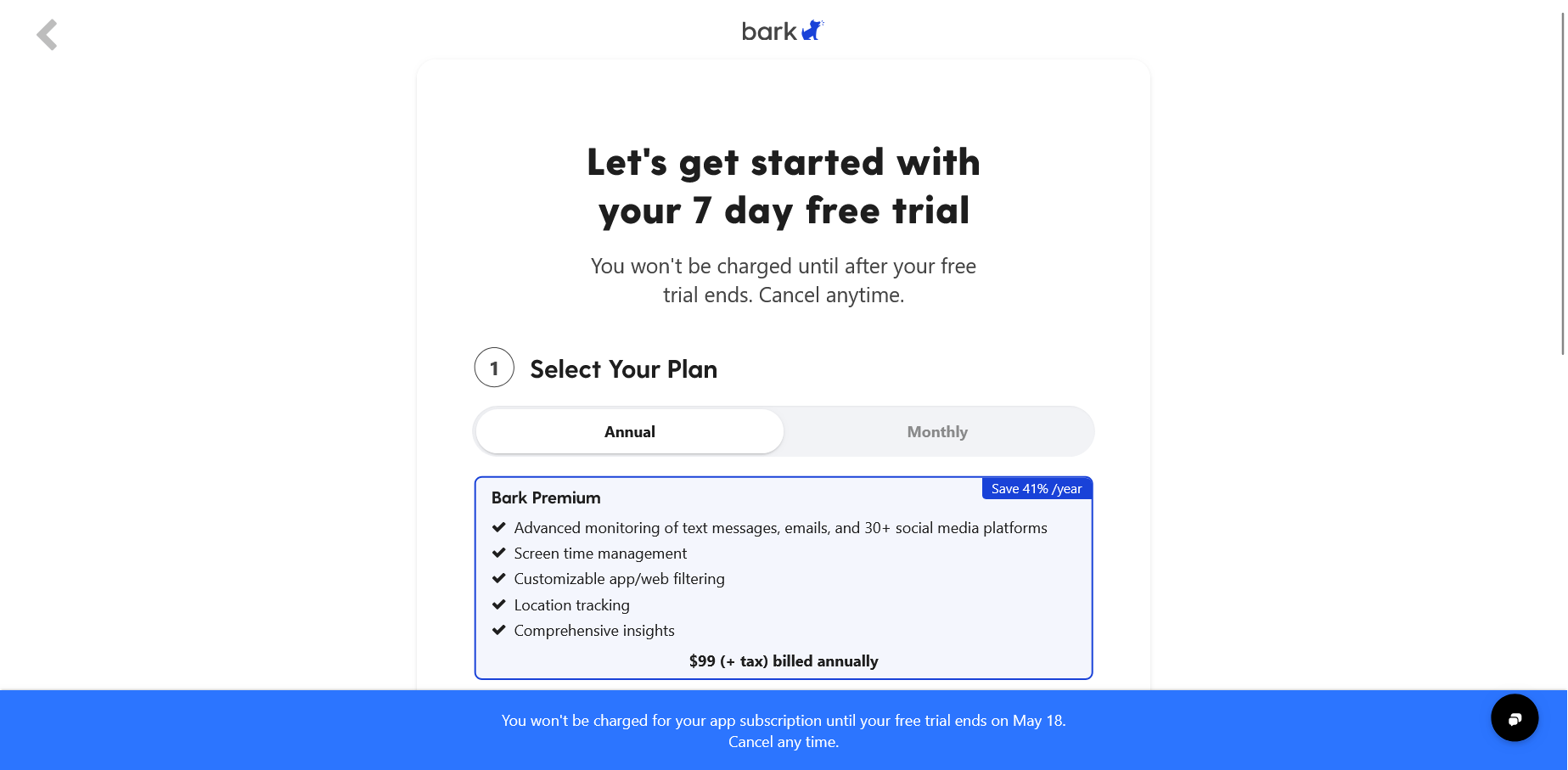 screenshot of 7 Day free trial menu