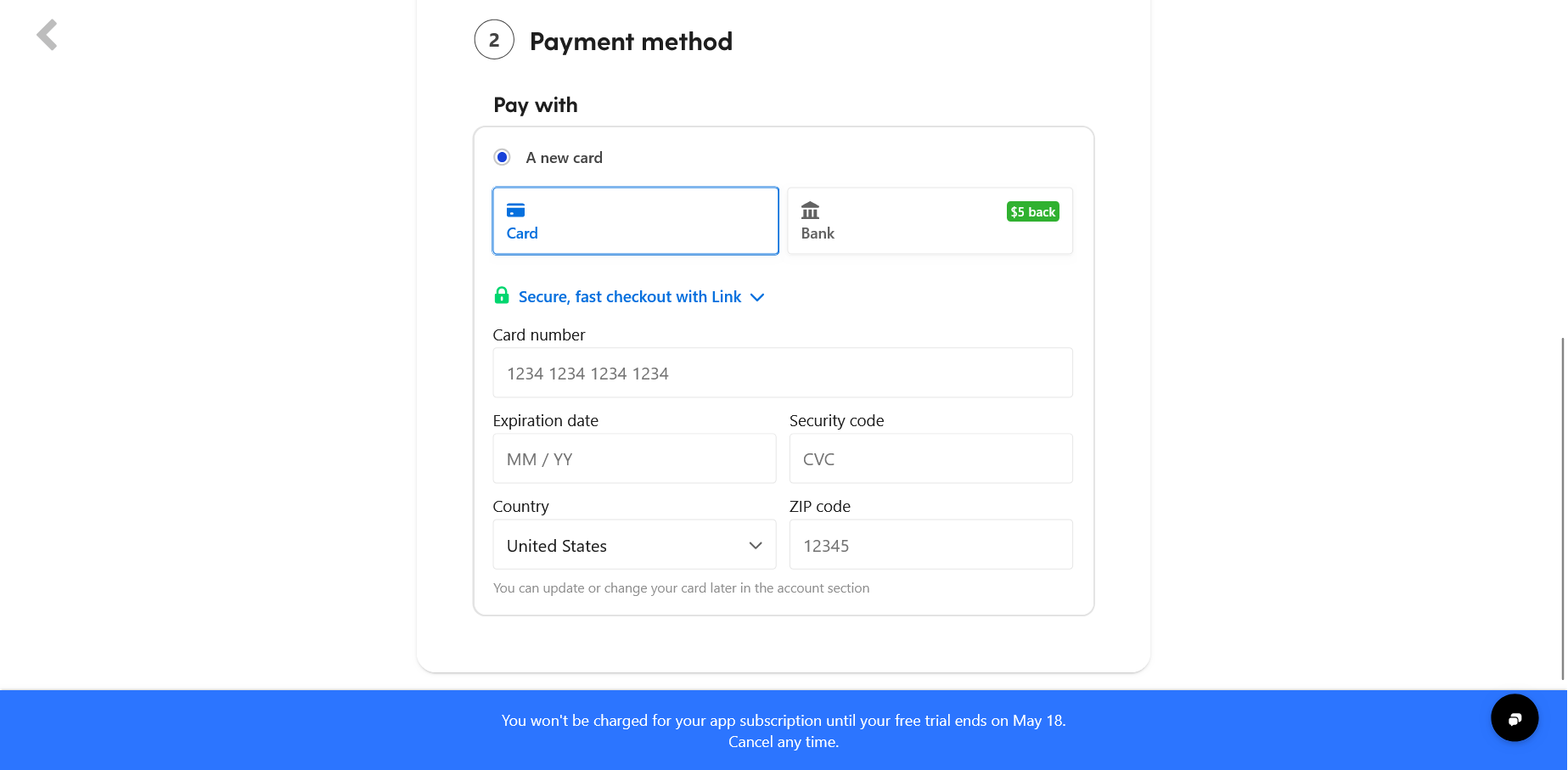 screenshot of Payment methods