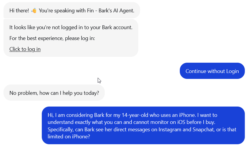 screenshot of live chat conversation
