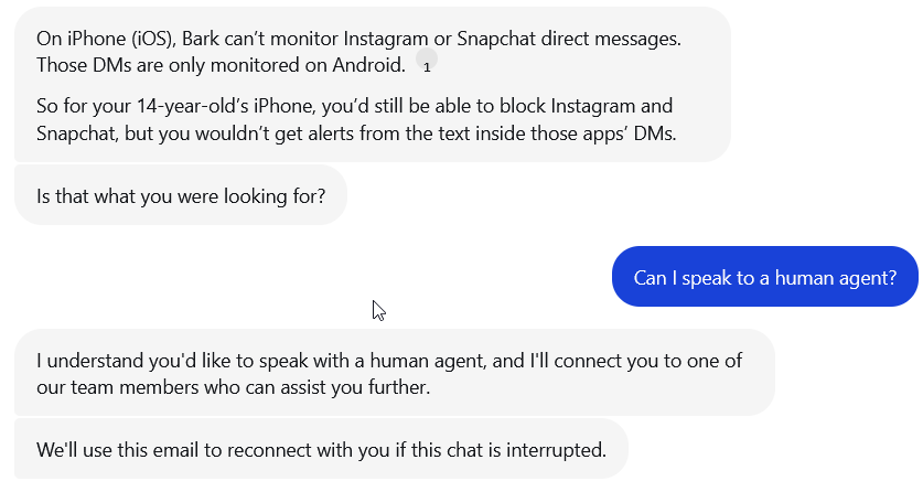screenshot of live chat conversation