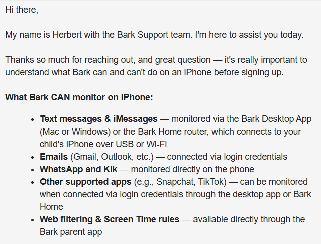 screenshot of Email response