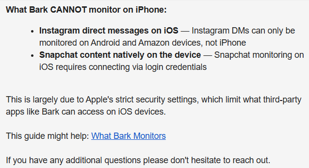 screenshot of Email response