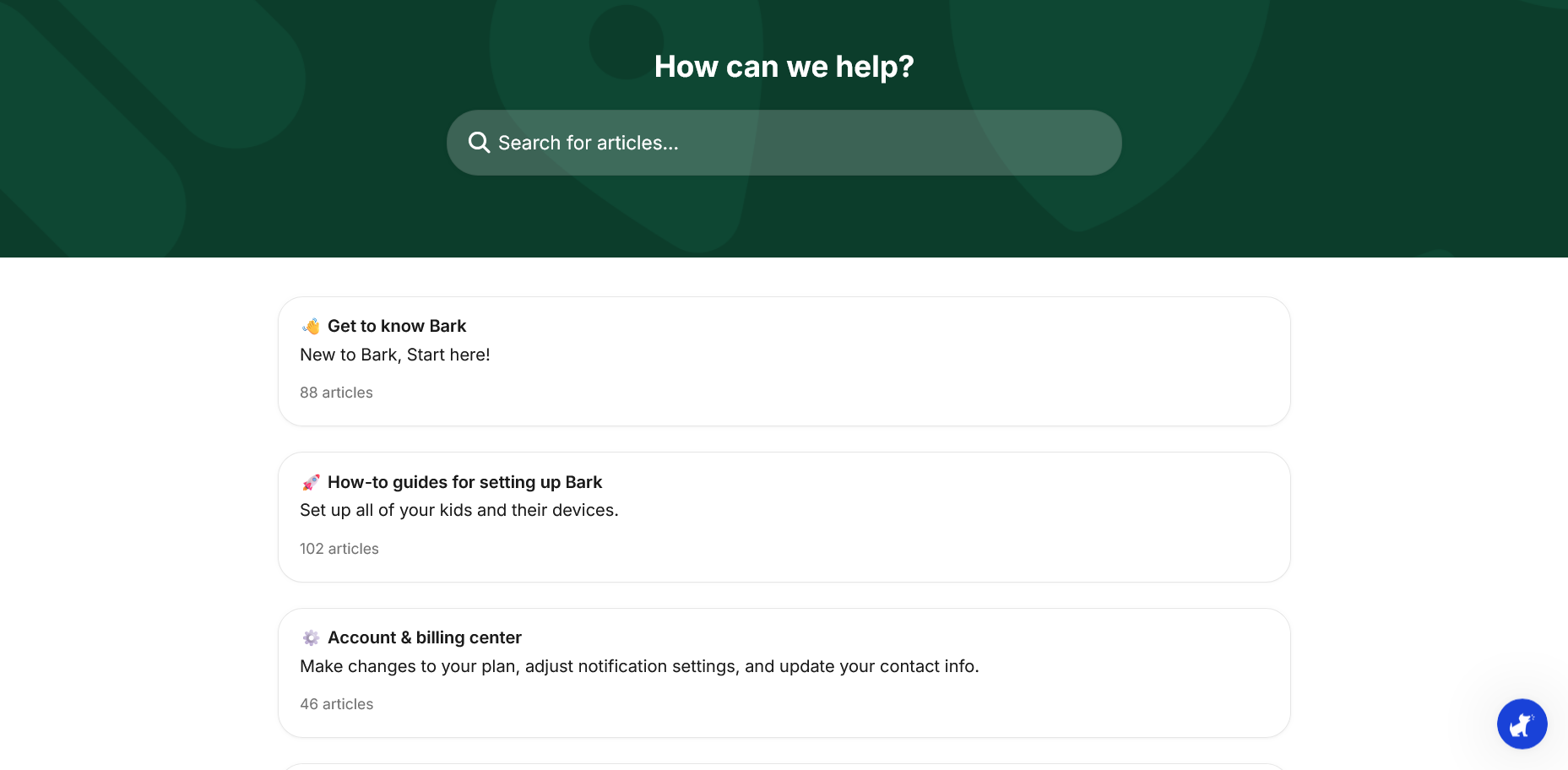 screenshot of Bark help center