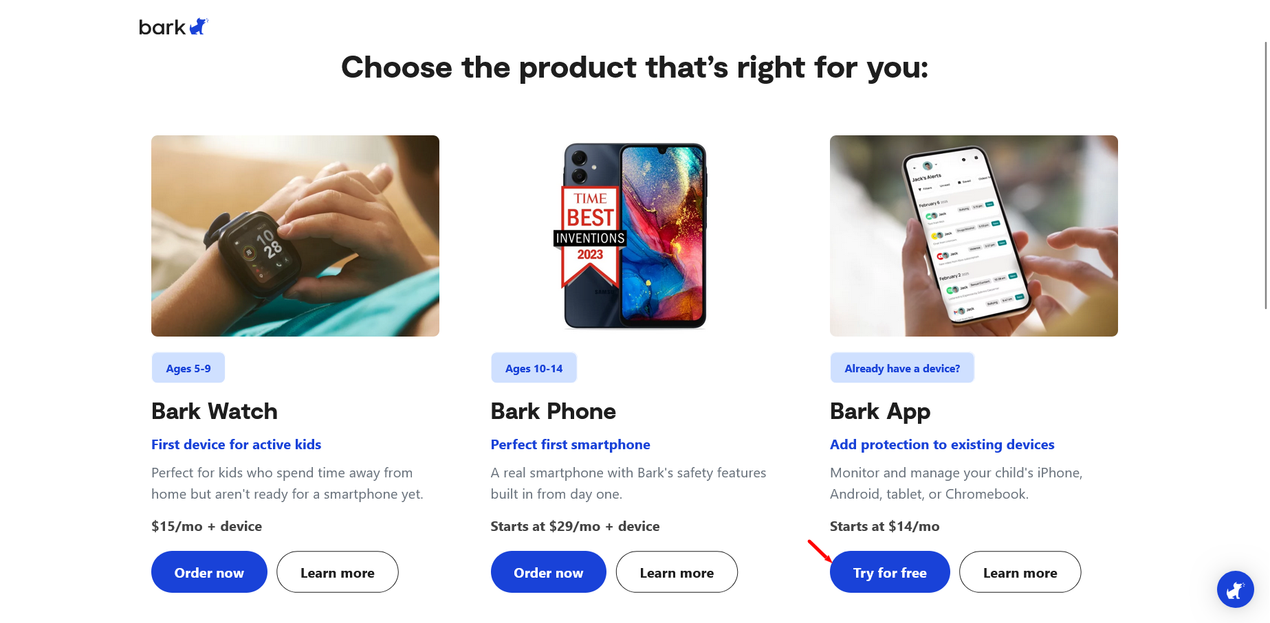 screenshot of Bark products