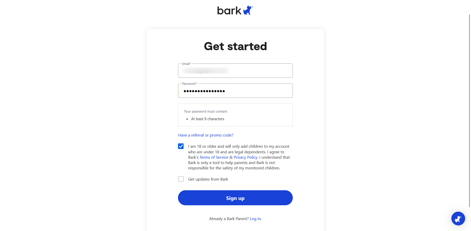 screenshot of Bark Sign Up panel