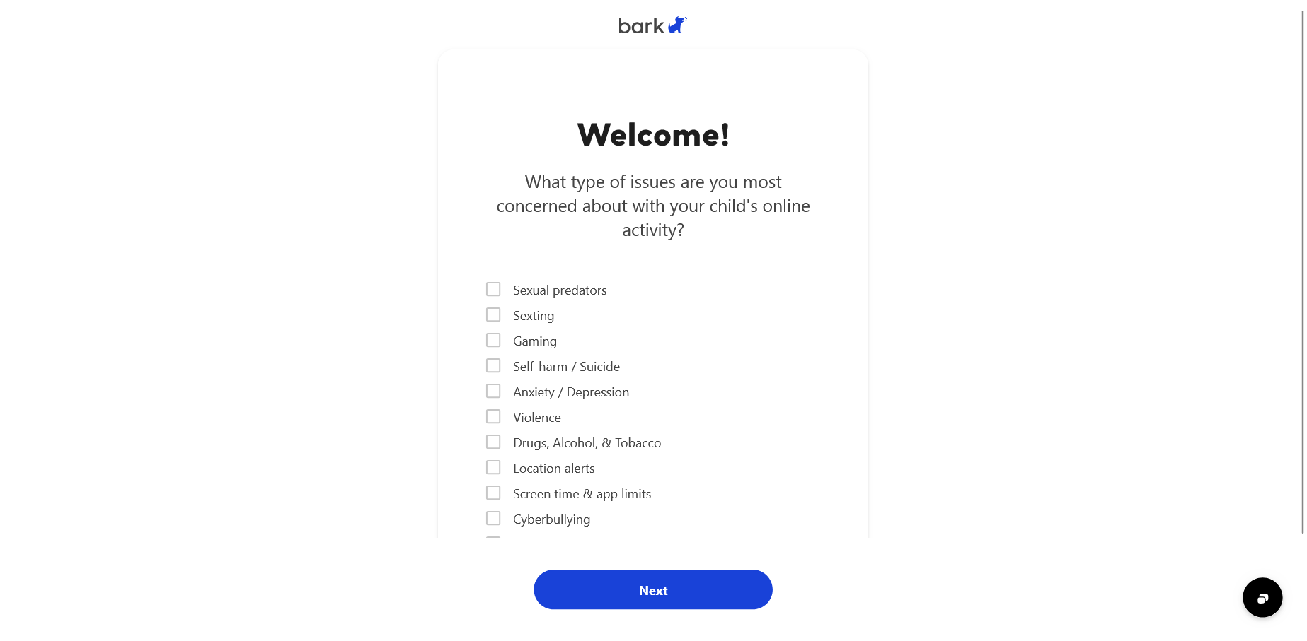 screenshot of Bark Welcome page