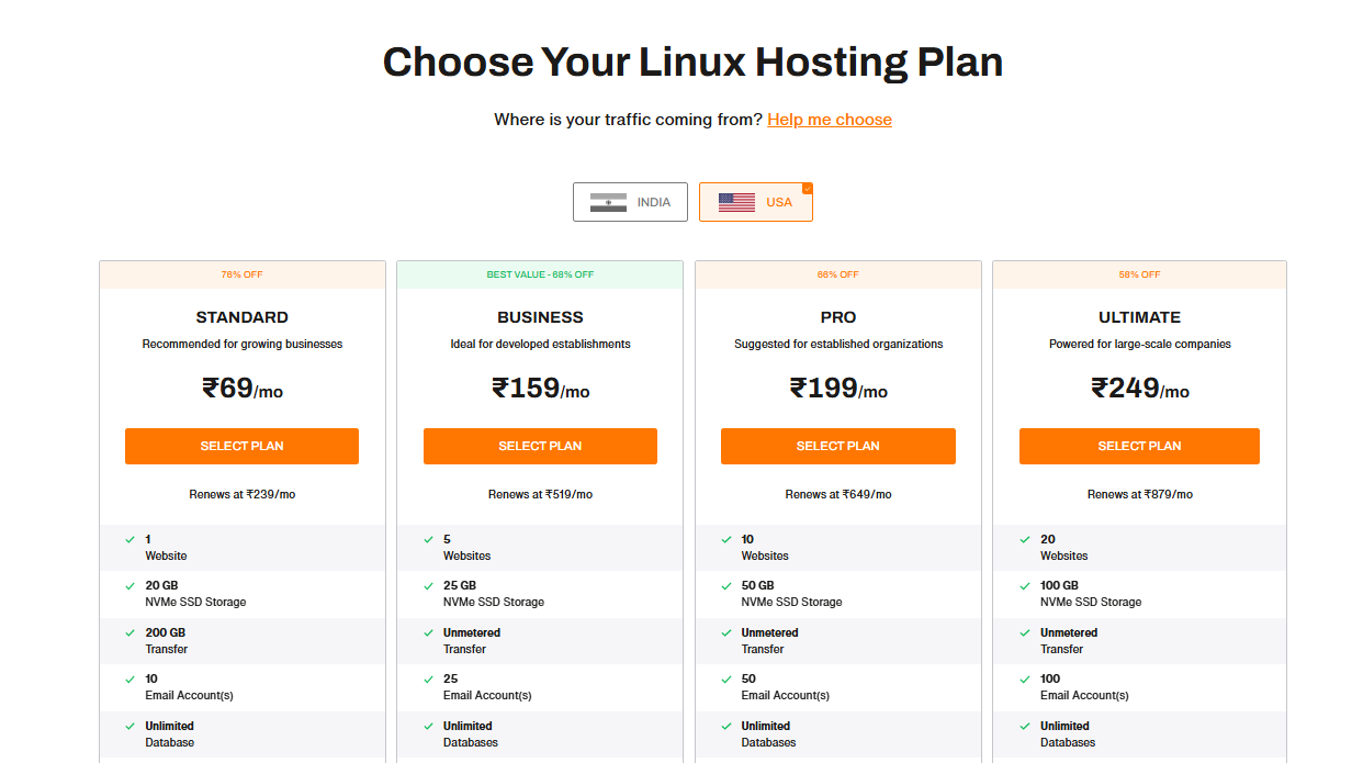 Tabella dei prezzi dell'hosting condiviso Linux di BigRock che mostra i piani Starter, Advanced, Business e Pro