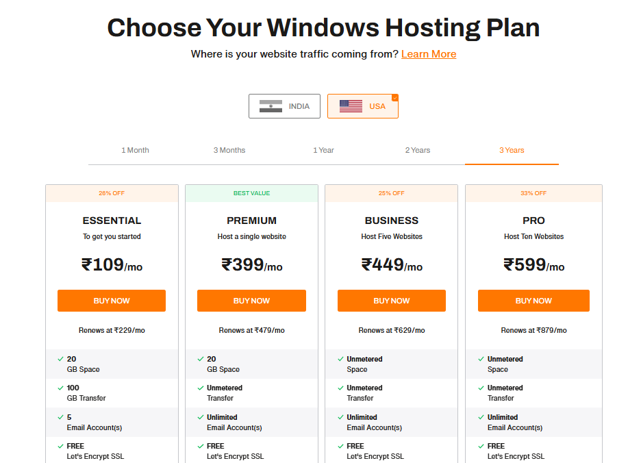 Tabella dei prezzi dell'hosting condiviso Windows di BigRock che mostra i piani Essential, Premium, Business e Pro