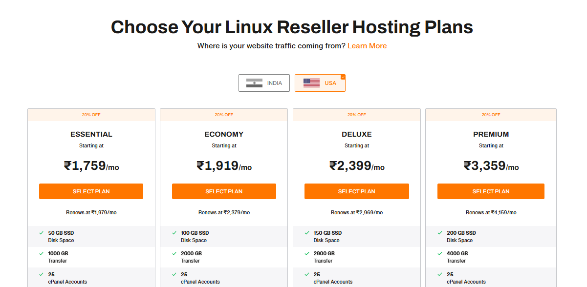 Tabella dei prezzi dell'hosting reseller Linux di BigRock che mostra i piani Essential, Economy, Deluxe e Premium